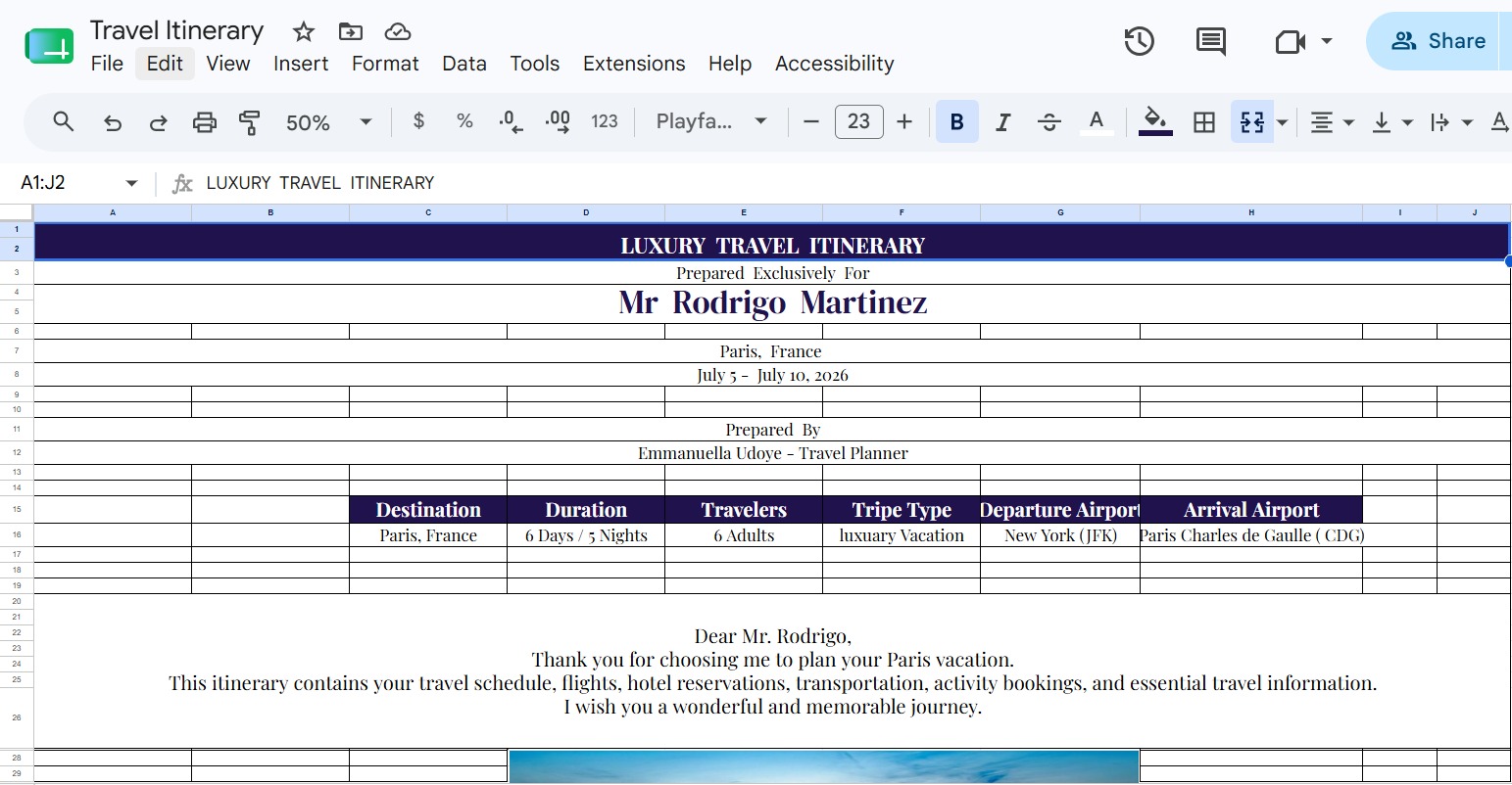 Luxury travel itinerary prepared for a client