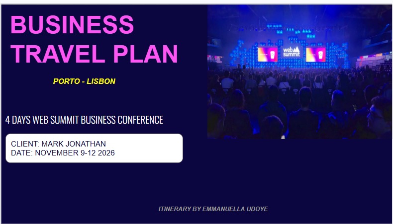 Business travel plan cover for a Porto–Lisbon conference trip