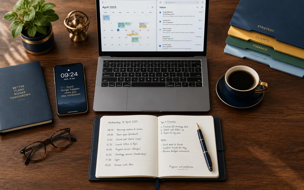 Organised executive desk with calendar, inbox and daily schedule — executive virtual assistant support