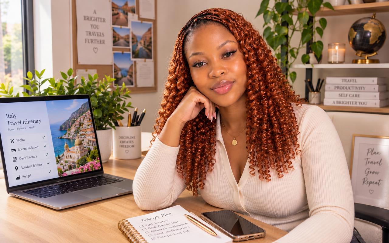 Emmanuella Udoye at her workspace planning a client travel itinerary